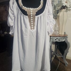 Ashley Stewart White Cold Shoulder Blouse with Gold Embellishments